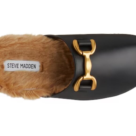 NEW STEVE MADDEN Leather Masin Faux Fur Bit Buckle Mules black for women 462tn - Picture 4 of 8